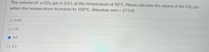 The Volume Of A Co Gas Is 2 0 L At The Temperature Of 50 C Please Calculate The Volume Of The Co Gas When The Tempera 1