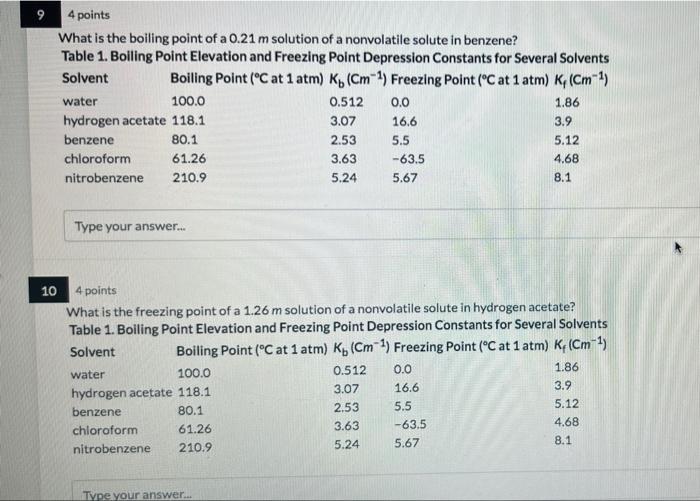 9 4 Points What Is The Boiling Point Of A 0 21 M Solution Of A Nonvolatile Solute In Benzene Table 1 Boiling Point Ele 1