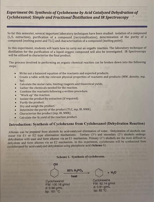 What Is The Reaction Scheme Of Cyclohexene From Cyclonexanol Experiment 06 Synthesis Of Cyclohexene By Acid Catalyzed 2
