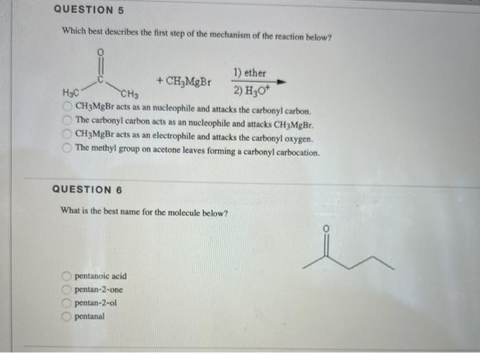 Question 5 Which Best Describes The First Step Of The Mechanism Of The Reaction Below H C 20000 0000 Ch Mgbr Ch3 Ch3m 1
