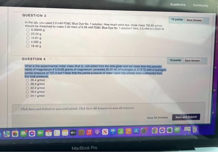 Question 3 In The Lab You Used 2 0 Mm Fd C Blue Dye No 1 Solution How Much Solid Dye Molar Mass 792 85 G Mol Should 1