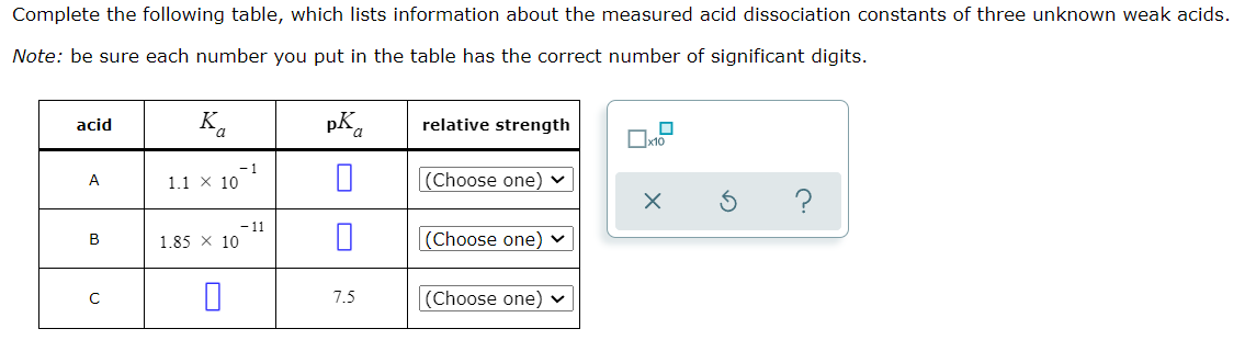 Complete The Following Table Which Lists Information About The Measured Acid Dissociation Constants Of Three Unknown We 1