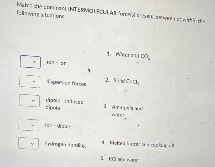 Match The Dominant Intermolecular Force S Present Between Or Within The Following Situations Ion Ion Dispersion Forc 1
