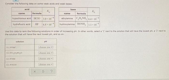 Consider The Following Data On Some Weak Acids And Weak Bases K Formula Hypochlorous Acid Hcio 3 0 108 Hydrofluoric Ac 1