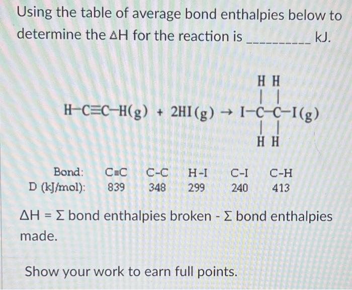 Using The Table Of Average Bond Enthalpies Below To Determine The Ah For The Reaction Is Kj Hh H Cec H G 2hi G 1