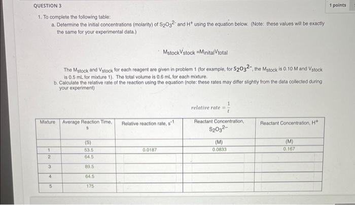 Question 3 1 To Complete The Following Table A Determine The Initial Concentrations Molarity Of S203 And H Using 1