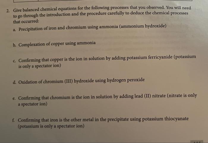 2 Give Balanced Chemical Equations For The Following Processes That You Observed You Will Need To Go Through The Intro 1