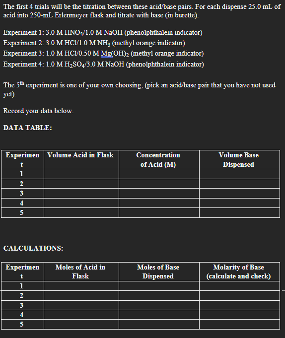 The First 4 Trials Will Be The Titration Between These Acid Base Pairs For Each Dispense 25 0 Ml Of Acid Into 250 Ml Er 1