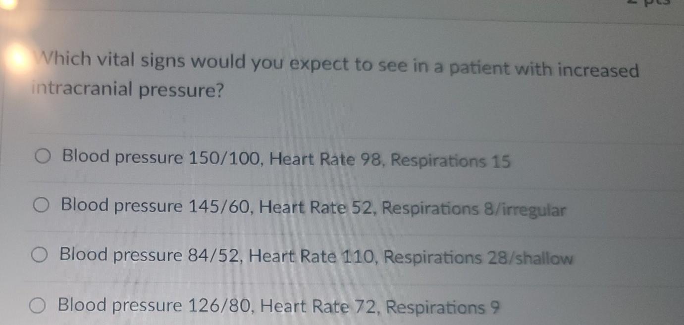 Vhich Vital Signs Would You Expect To See In A Patient With Increased Intracranial Pressure O Blood Pressure 150 100 H 1