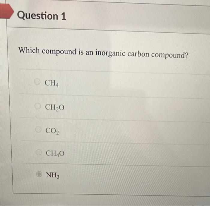 Question 1 Which Compound Is An Inorganic Carbon Compound Ch4 Ch 0 Co Ch40 Nh3 1