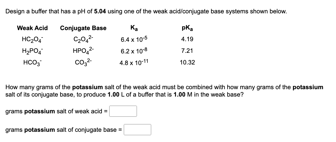 Design A Buffer That Has A Ph Of 5 04 Using One Of The Weak Acid Conjugate Base Systems Shown Below Conjugate Base Ka P 1