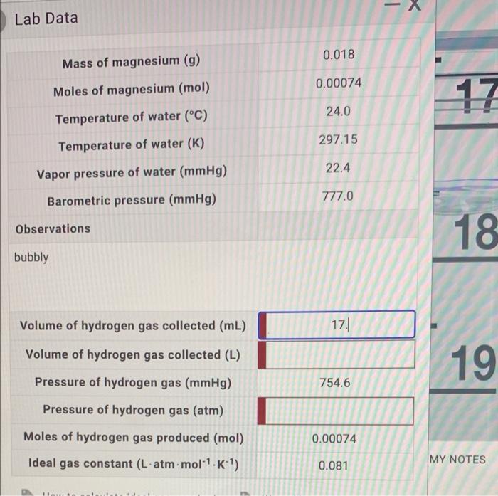 Lab Data Mass Of Magnesium G Moles Of Magnesium Mol Temperature Of Water C Temperature Of Water K Vapor Pressur 1