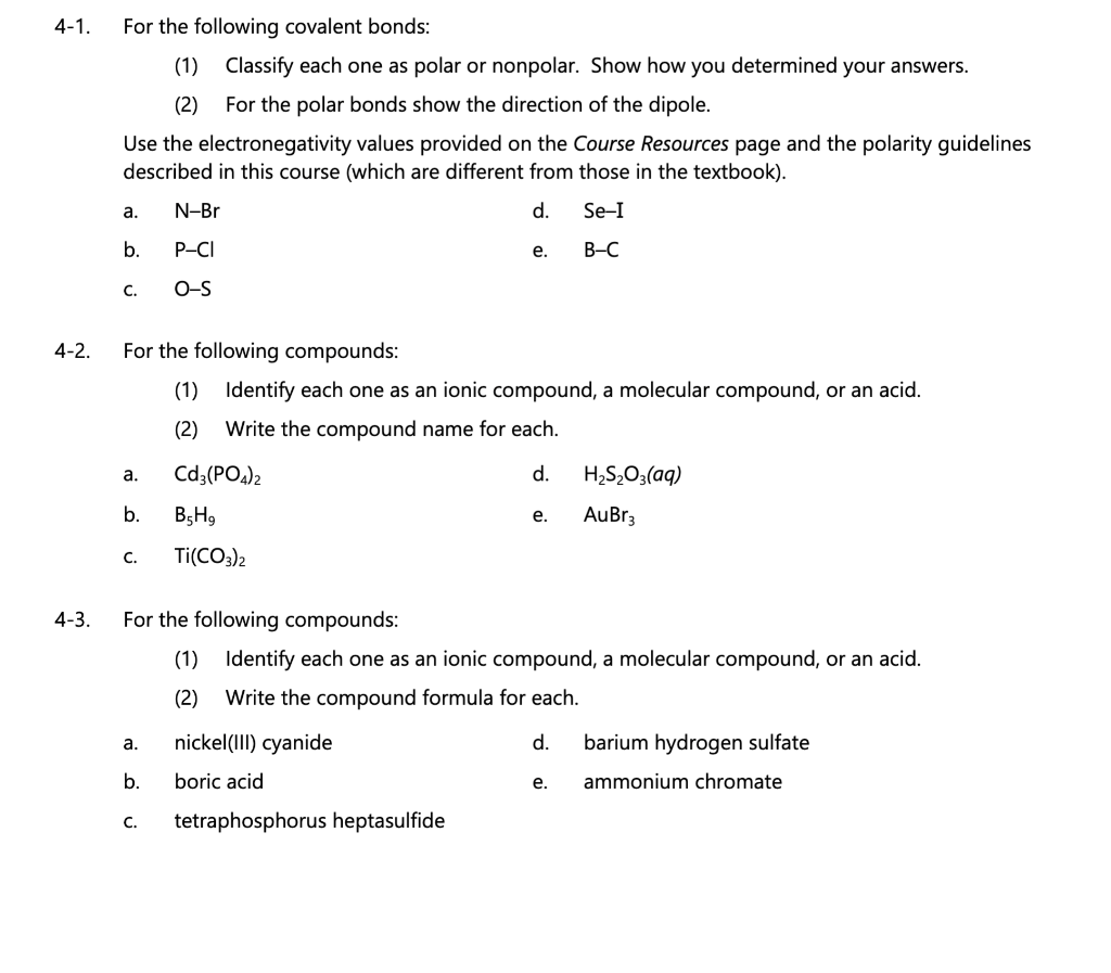 4 1 4 2 4 3 For The Following Covalent Bonds Use The Electronegativity Values Provided On The Course Resources Page 1