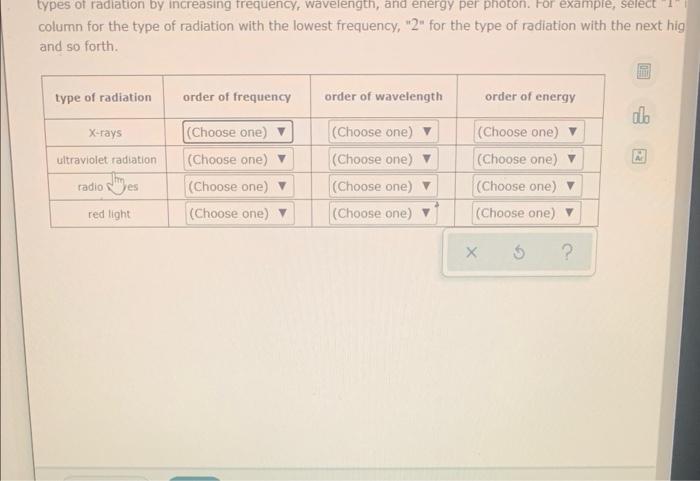 Types Of Radiation By Increasing Frequency Wavelength And Energy Per Photon For Example Select Column For The Type O 1