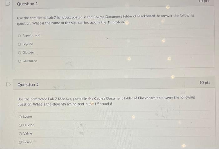 0 Question 1 Use The Completed Lab 7 Handout Posted In The Course Document Folder Of Blackboard To Answer The Followin 1