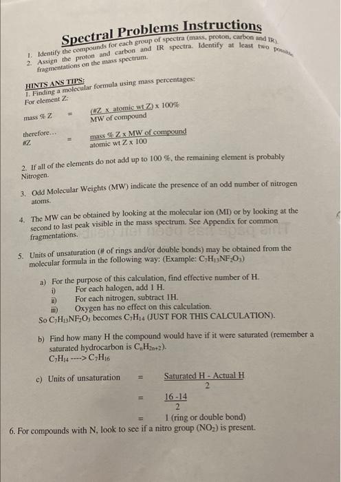 Spectral Problems Instructions 1 Identify The Compounds For Each Group Of Spectra Mass Proton Carbon And Ir 2 Ass 1
