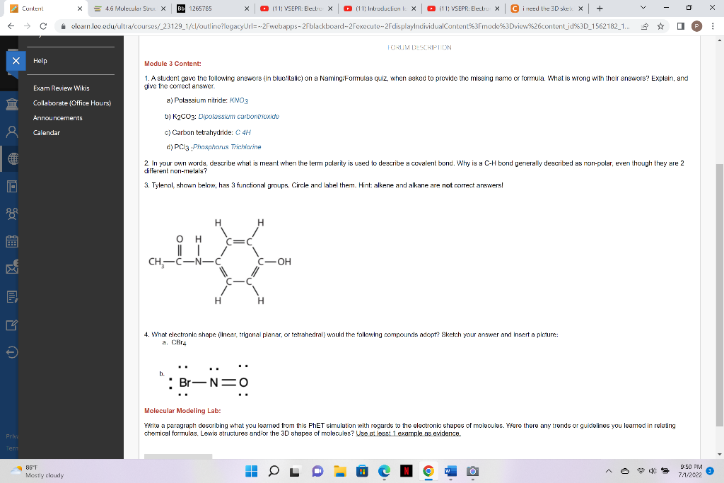 X Iiii Ex Dn 8 Se E Priv Tern Content Help Calendar X 85 F Mostly Cloudy 4 6 Mulecular Siru X Bb 1265785 Exam R 1