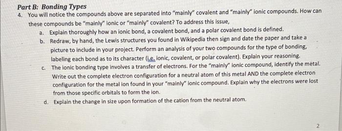 Part B Bonding Types 4 You Will Notice The Compounds Above Are Separated Into Mainly Covalent And Mainly Ionic Com 1