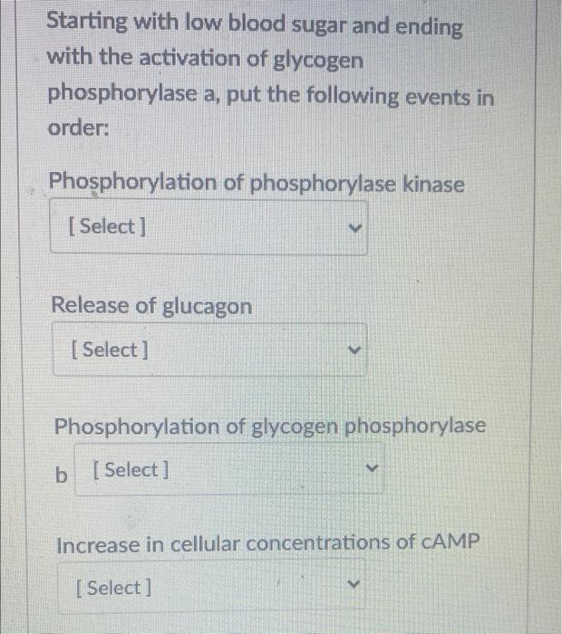 Starting With Low Blood Sugar And Ending With The Activation Of Glycogen Phosphorylase A Put The Following Events In Or 1