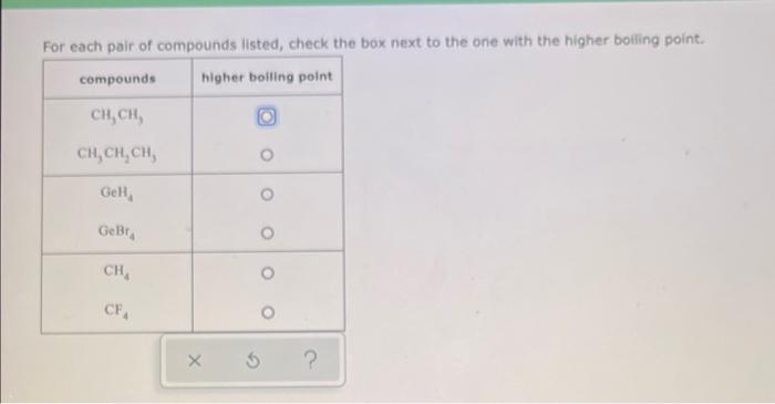 For Each Pair Of Compounds Listed Check The Box Next To The One With The Higher Boiling Point Compounds Higher Boiling 1