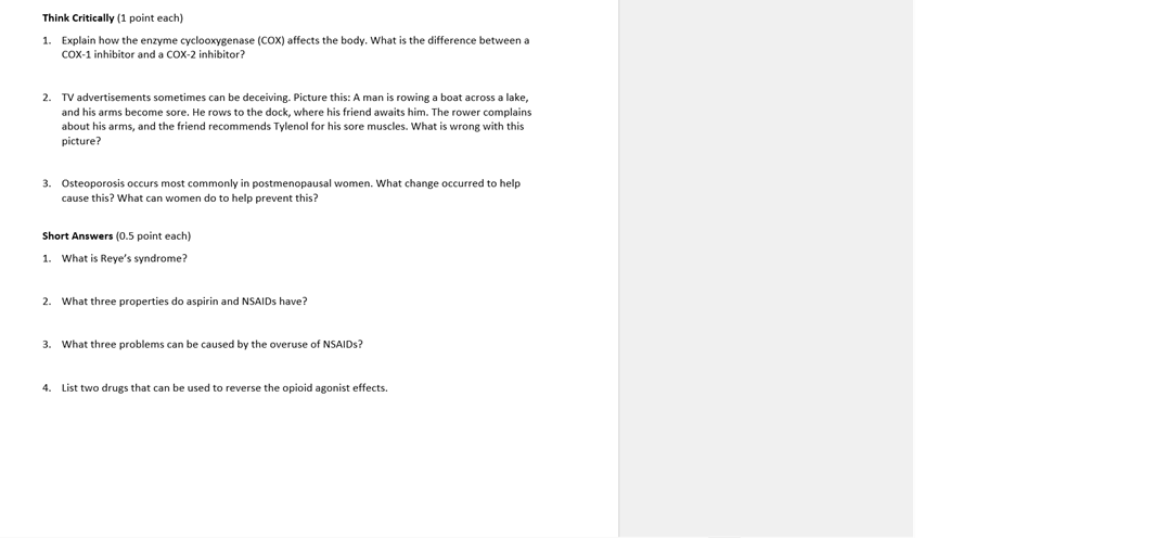 Think Critically 1 Point Each 1 Explain How The Enzyme Cyclooxygenase Cox Affects The Body What Is The Difference 1