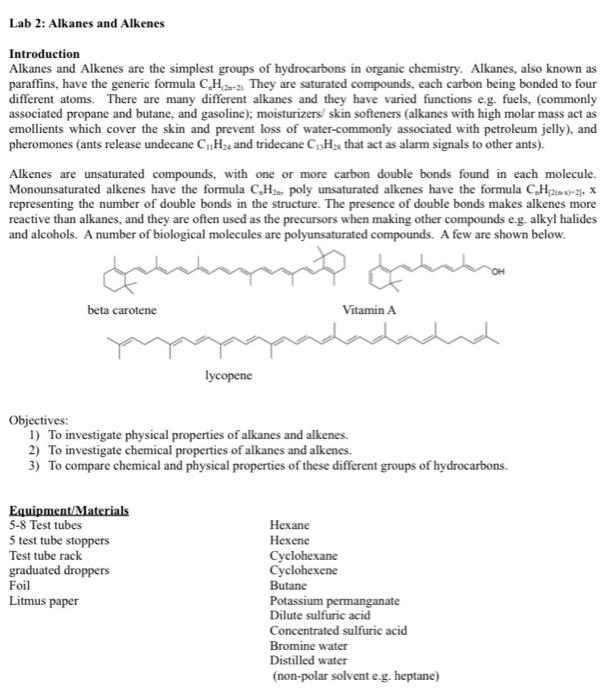 Lab 2 Alkanes And Alkenes Introduction Alkanes And Alkenes Are The Simplest Groups Of Hydrocarbons In Organic Chemistry 1