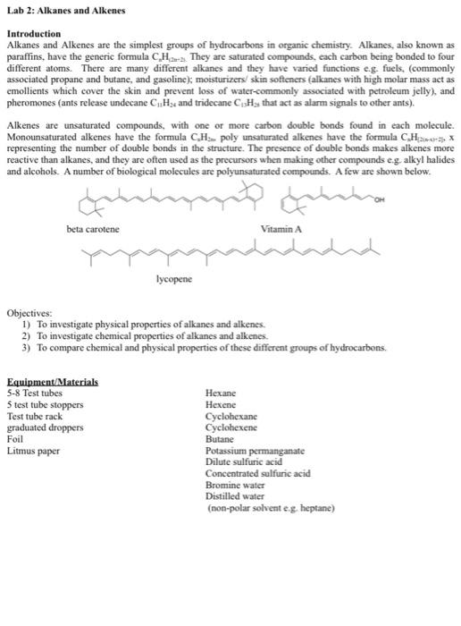 Lab 2 Alkanes And Alkenes Introduction Alkanes And Alkenes Are The Simplest Groups Of Hydrocarbons In Organic Chemistry 7