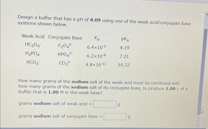Design A Buffer That Has A Ph Of 8 09 Using One Of The Weak Acid Conjugate Base Systems Shown Below Weak Acid Conjugate 1