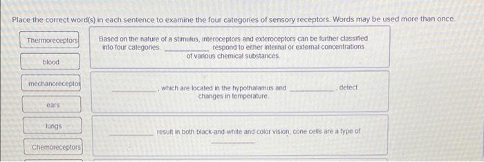 Place The Correct Word S In Each Sentence To Examine The Four Categories Of Sensory Receptors Words May Be Used More T 1