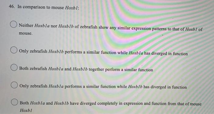 5 Use The Figure To Answer Questions 45 46 2 Mouse Hoxb1 Expression Drosophila Labial Mouse Hoxb1 Hob Zebrafish Hox 3