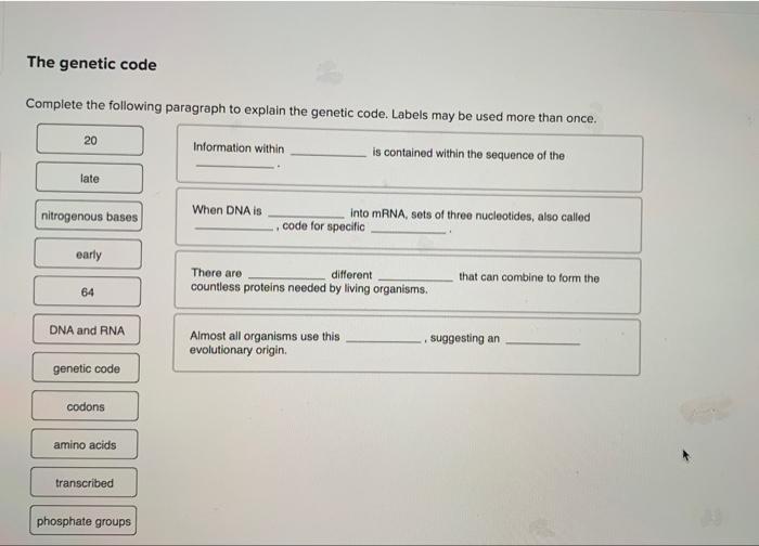 The Genetic Code Complete The Following Paragraph To Explain The Genetic Code Labels May Be Used More Than Once Is Con 1