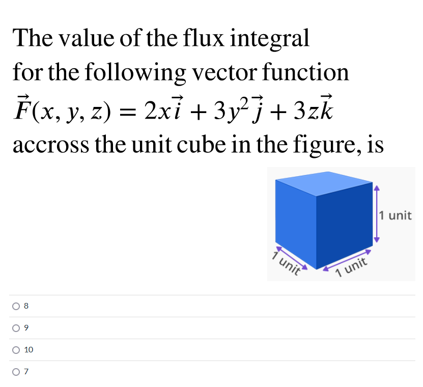 The Value Of The Flux Integral For The Following Vector Function F X Y Z 2x1 3y2 3zk Accross The Unit Cube In 1