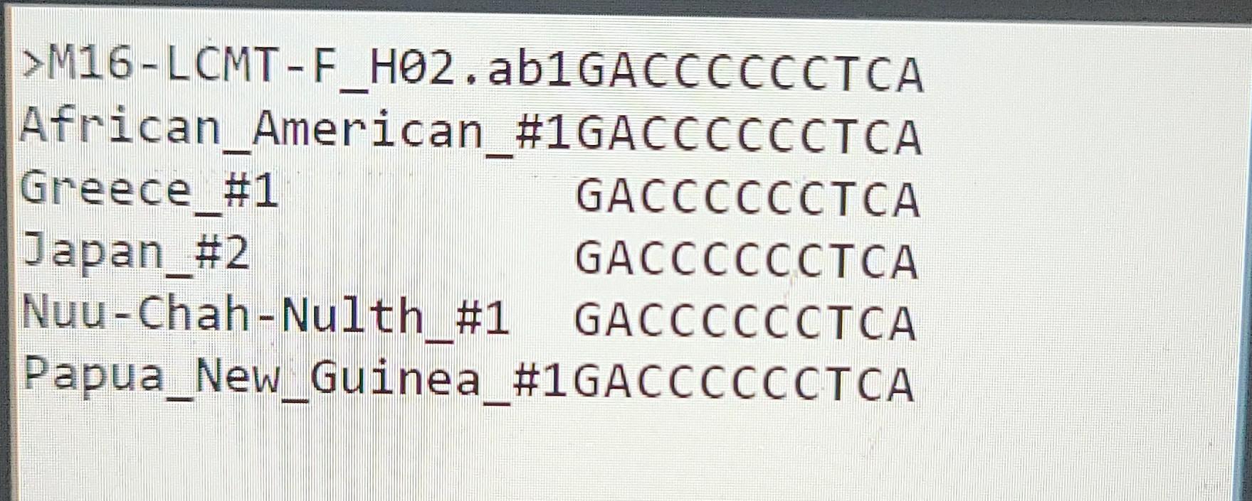 M16 Lcmt F H02 Ab1gacccccctca African American 1gacccccctca Gacccccctca Gacccccctca Nuu Chah Nulth 1 Gacccccctca Papu 1