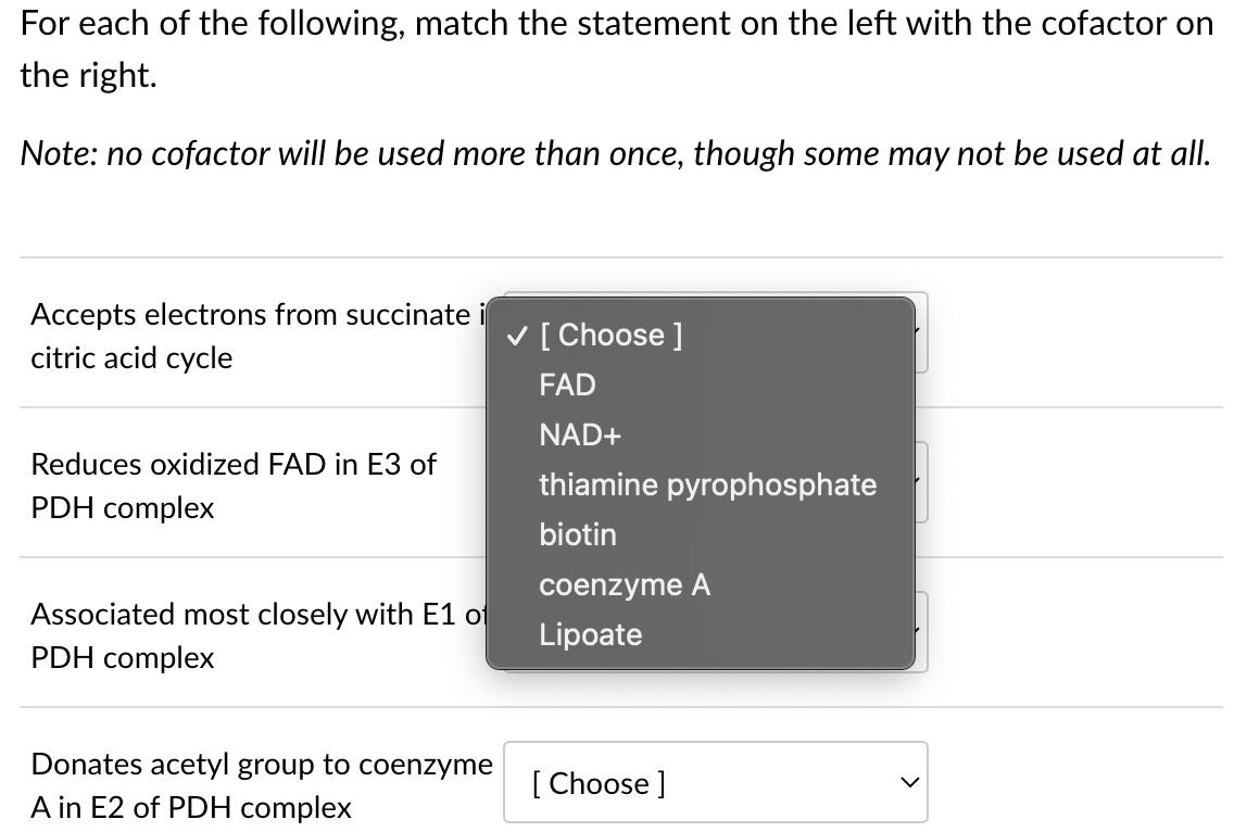 For Each Of The Following Match The Statement On The Left With The Cofactor On The Right Note No Cofactor Will Be Use 1