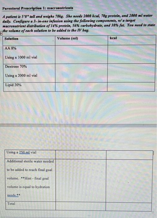 Parenteral Prescription 1 Macronutrients A Patient Is 5 8 Tall And Weighs 70kg She Needs 2000 Kcal 70g Protein And 1