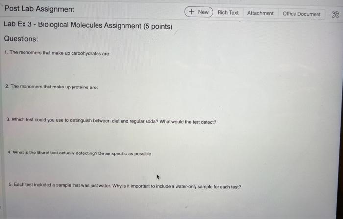 Post Lab Assignment Lab Ex 3 Biological Molecules Assignment 5 Points Questions 1 The Monomers That Make Up Carbohy 1