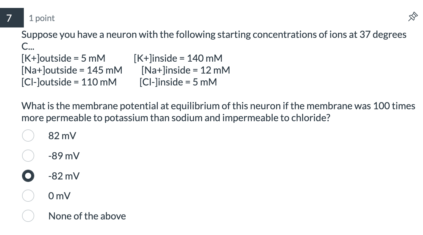 7 1 Point Suppose You Have A Neuron With The Following Starting Concentrations Of Ions At 37 Degrees C K Outside 1
