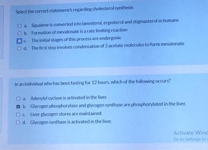 Select The Correct Statement S Regarding Cholesterol Synthesis Da Squalene Is Converted Into Lanosterol Ergosterol And 1