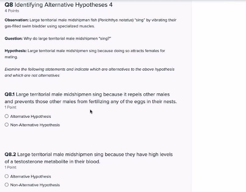 Q8 Identifying Alternative Hypotheses 4 4 Points Observation Large Territorial Male Midshipman Fish Porichthys Notatus 1