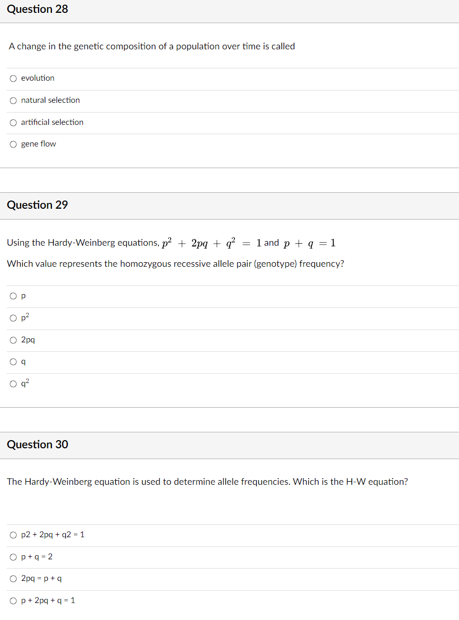 Question 28 A Change In The Genetic Composition Of A Population Over Time Is Called O Evolution O Natural Selection O Ar 1