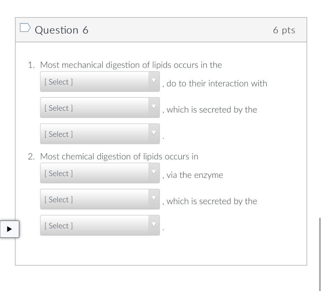 Question 6 6 Pts 1 Most Mechanical Digestion Of Lipids Occurs In The Select Do To Their Interaction With Select Wh 1