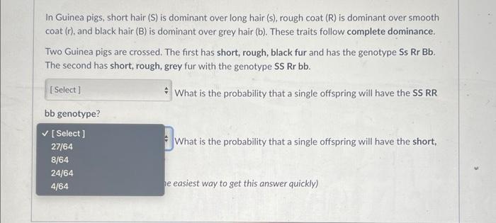 In Guinea Pigs Short Hair S Is Dominant Over Long Hair S Rough Coat R Is Dominant Over Smooth Coat R And Blac 3