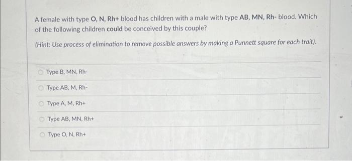 A Female With Type O N Rh Blood Has Children With A Male With Type Ab Mn Rh Blood Which Of The Following Children 1