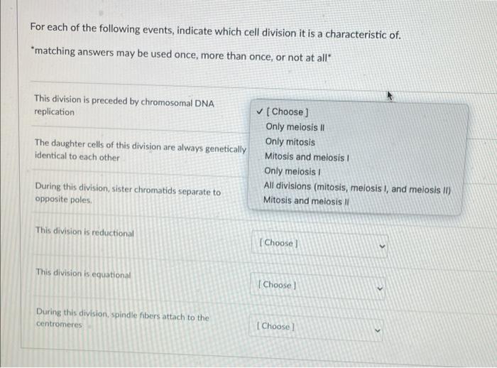 For Each Of The Following Events Indicate Which Cell Division It Is A Characteristic Of Matching Answers May Be Used 1