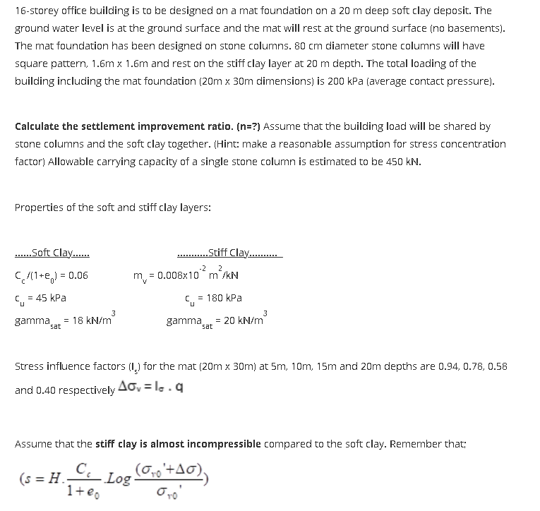 16 Storey Office Building Is To Be Designed On A Mat Foundation On A 20 M Deep Soft Clay Deposit The Ground Water Level 1