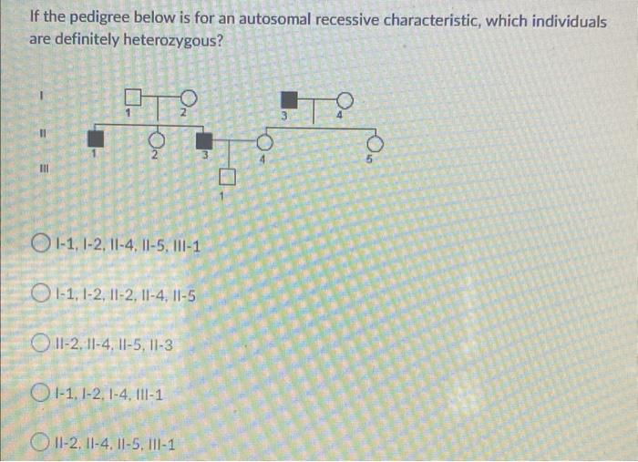 If The Pedigree Below Is For An Autosomal Recessive Characteristic Which Individuals Are Definitely Heterozygous Iii T 1