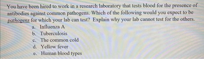 You Have Been Hired To Work In A Research Laboratory That Tests Blood For The Presence Of Antibodies Against Common Path 1