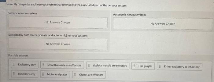 Correctly Categorize Each Nervous System Characteristic To The Associated Part Of The Nervous System Somatic Nervous Sys 1