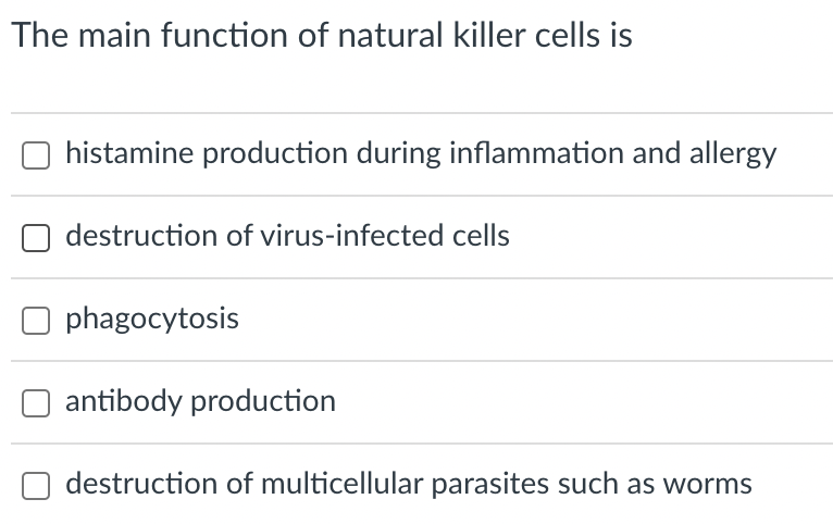 The Main Function Of Natural Killer Cells Is Histamine Production During Inflammation And Allergy Destruction Of Virus I 1