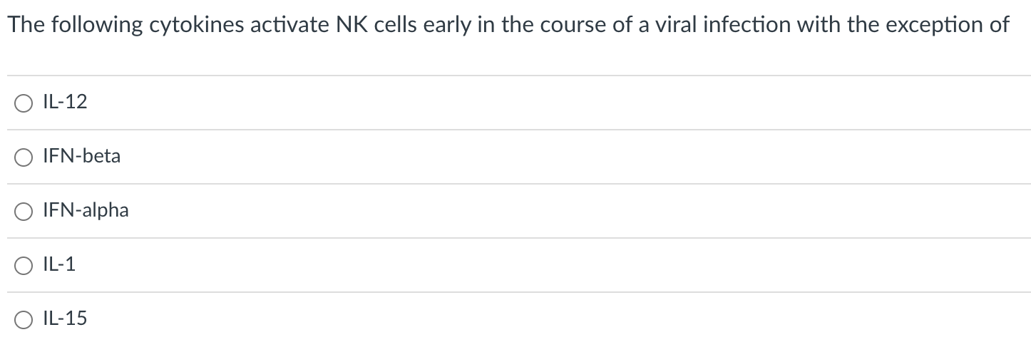 The Following Cytokines Activate Nk Cells Early In The Course Of A Viral Infection With The Exception Of Il 12 Ifn Beta 1